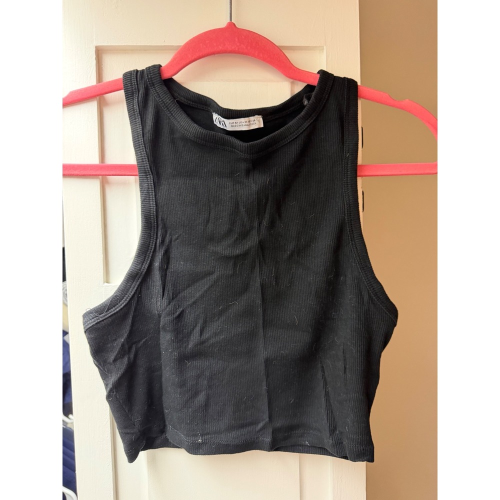 Zara Black Ribbed Knit Crop Tank Top Trendy High Neck Racerback Sleeveless Shirt